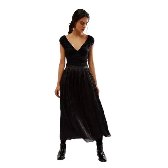Free People New Vera City Black Pleated Maxi Ankle Skirt with Pockets 8 NWT - Picture 5 of 6